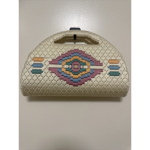 VTG Needlepoint Purse Tote Bag Clutch Handle Southwest Geometric Design Handmade - Picture 6 of 9